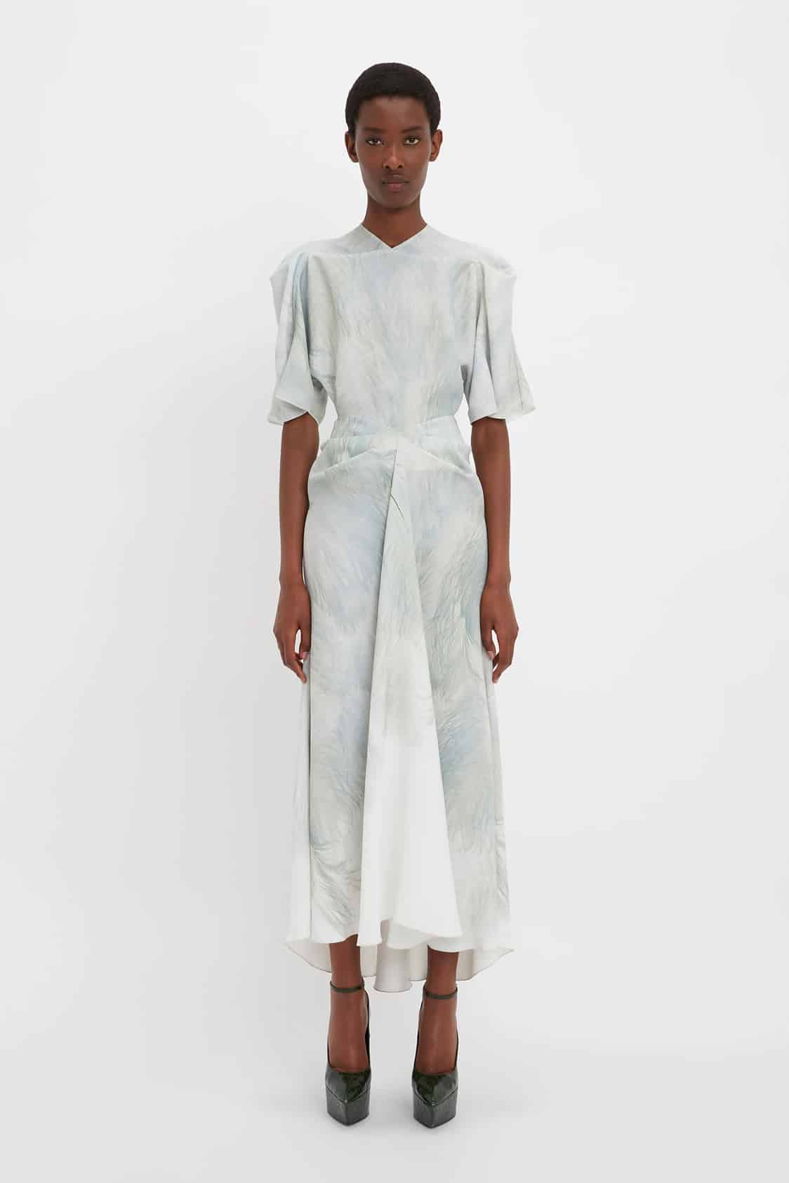 Drape Sleeve Midi Dress In White Digital Feather Print